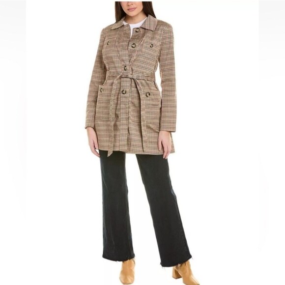 Cabi 3734 Sherlock Trench Coat Jacket Tan Multi Houndstooth Check Belt M Medium - Picture 2 of 12